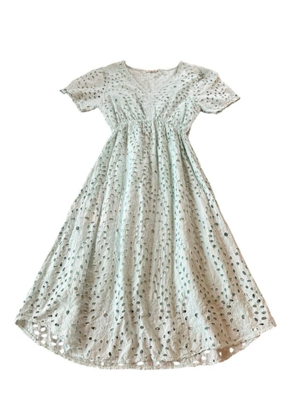 Cottagecore‎ Valentina Naldi Sz M Eyelet V-Neck Short Sleeve Lined Italy Lt Blue